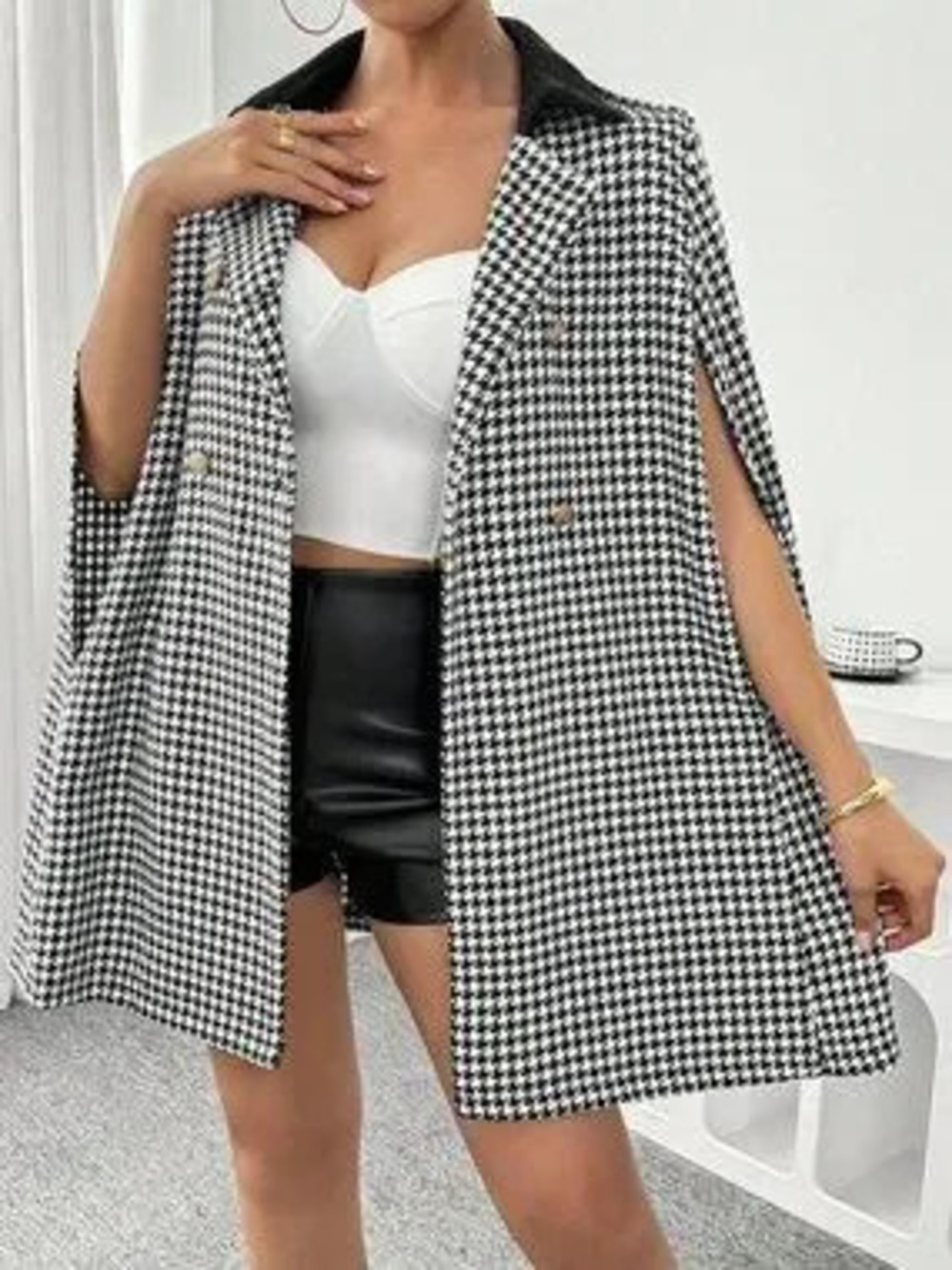 Black And White Elegant Women's Houndstooth Color Block Overcoat